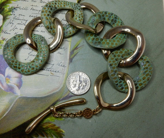 MONET Signed Gold & Green Snake Skin Link Bracele… - image 4