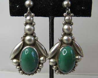 BCM Signed Green Cabochon & Sterling Silver Long Dangle Earrings.   TBU10