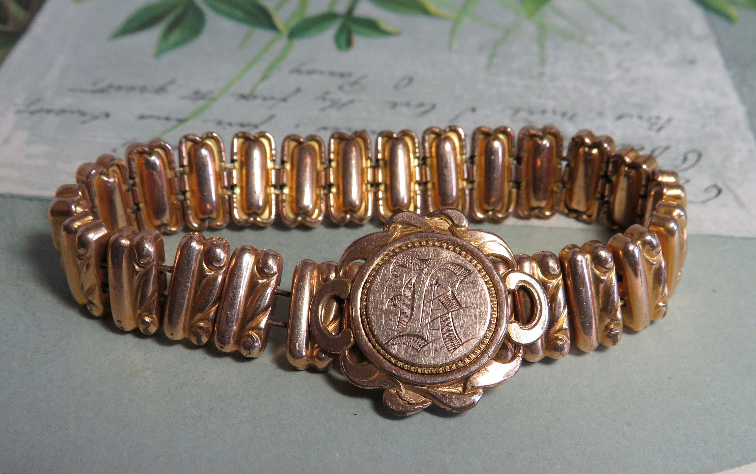Bracelet Rigide Plaqué Or Avec Clous émail Marron - Bijou Vintage 4462, Parfait état