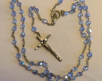Vintage Blue Aurora Borealis Crystal Rosary    ZAE15