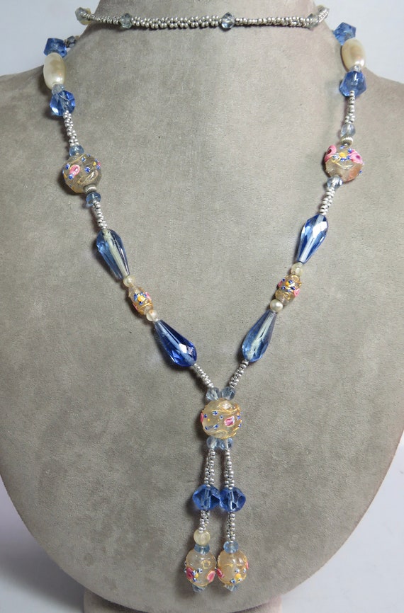 1920s Flapper Necklace w/ Wedding Cake & Blue Gla… - image 2