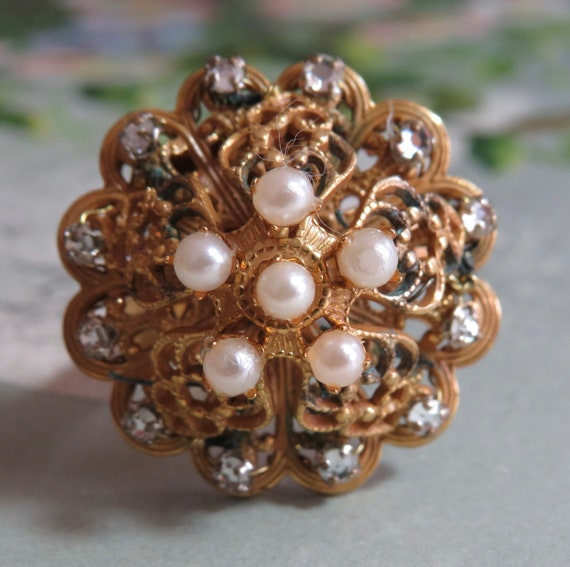 MIRIAM HASKELL Signed Gold Ring W/ Rhinestones & Faux Pearls