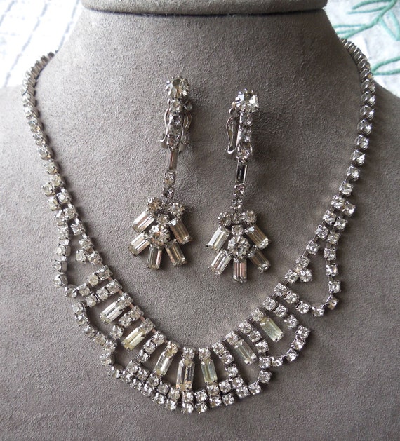 Vintage Bagette Rhinestone Bib Style Necklace & E… - image 1
