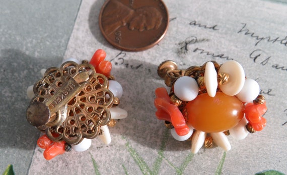 MIRIAM HASKELL Signed Gold & Coral Clip Earrings … - image 2