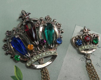 Sterling Silver CROWN Chatelaine Brooch  w/ Large Colorful Stones   UBY28