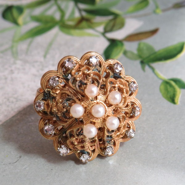 MIRIAM HASKELL Signed Gold Ring w/ Rhinestones & Faux Pearls.   UCW49