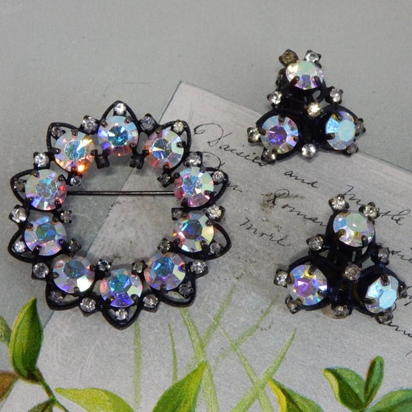 JOSEPH WARNER Signed Aurora Borealis Rhinestone Circle Pin or Brooch & Earrings Set    RAQ21