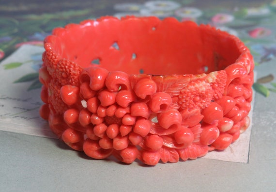 Wide Carved Celluloid Bangle Bracelet Chrysanthem… - image 1