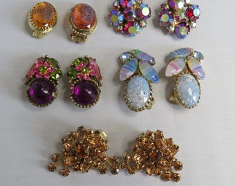 Vintage Destash LOT 5 pr Colorful Rhinestone Clip Earrings  Weiss Whiting & Davis.    ZAK28