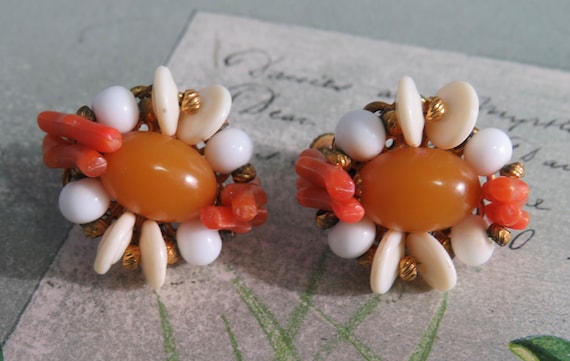 MIRIAM HASKELL Signed Gold & Coral Clip Earrings … - image 1