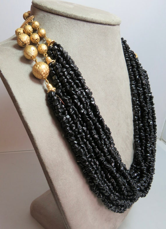 JONNÉ Signed Black Multi Strand Necklace w/Gold B… - image 3