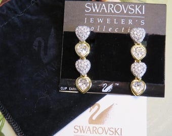 SWAROVSKI Swan Signed Gold Pavé Crystal Heart Dangle Clip Earrings    ZAK56