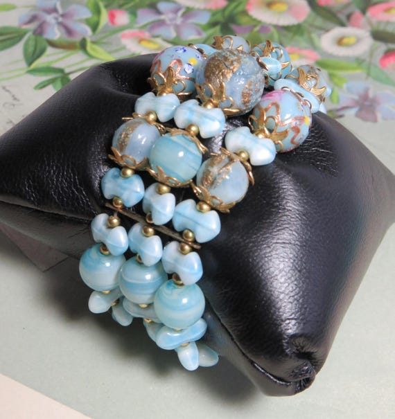 Miriam Haskell Style Blue Bead & Memory Wire Brac… - image 6