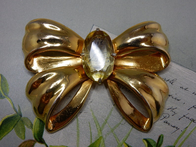 1930s EISENBERG ORIGINAL Signed Gold /& Jumbo Crystal BOW Brooch QBC28