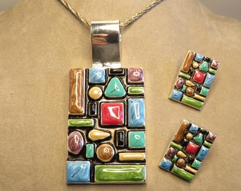 Signed BEST Colorful Enamel & Silver Tone Pendant and Post Earrings Set    ZAH6