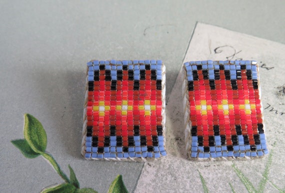 Micro Beaded Native American Bead & Leather Earri… - image 1