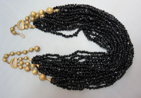 JONNÉ Signed Black Multi Strand Necklace w/Gold B… - image 4