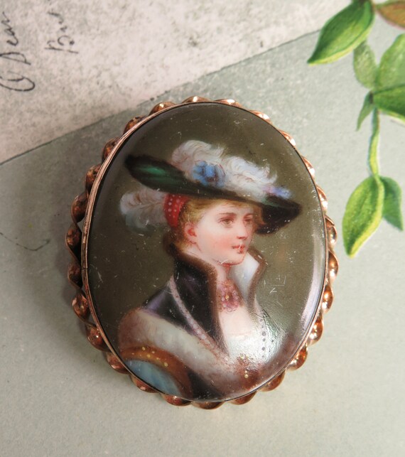 Antique Hand Painted Lady w/ Hat Portrait Brooch … - image 3