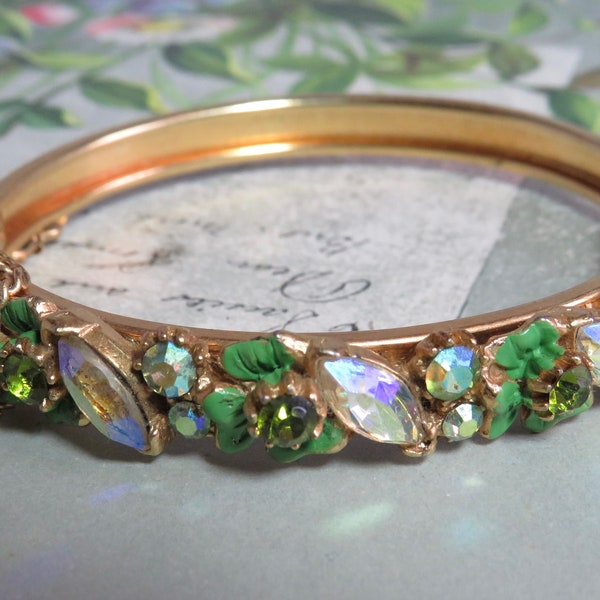 FLORENZA Signed Gold & Green Enamel and Rhinestone Hinged Bracelet.   UCQ43