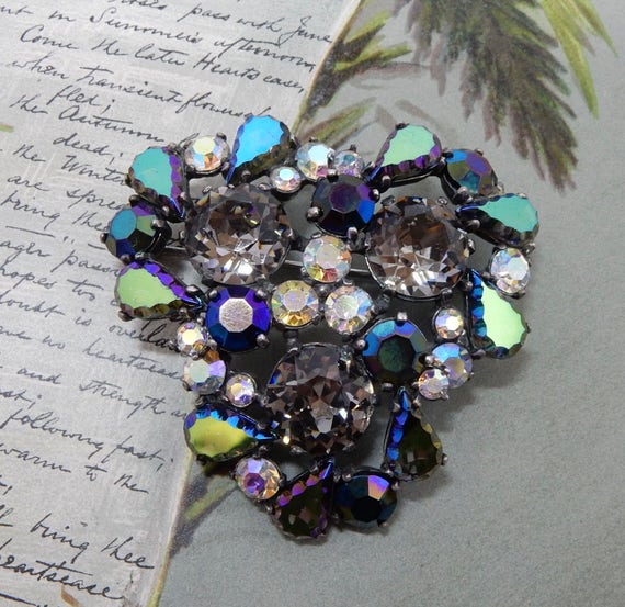 SCHIAPARELLI Signed Iridescent & Black Diamond Rh… - image 1