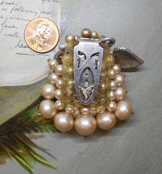 MIRIAM HASKELL Faux Dangle Pearl & Black Enamel Leaf Dress