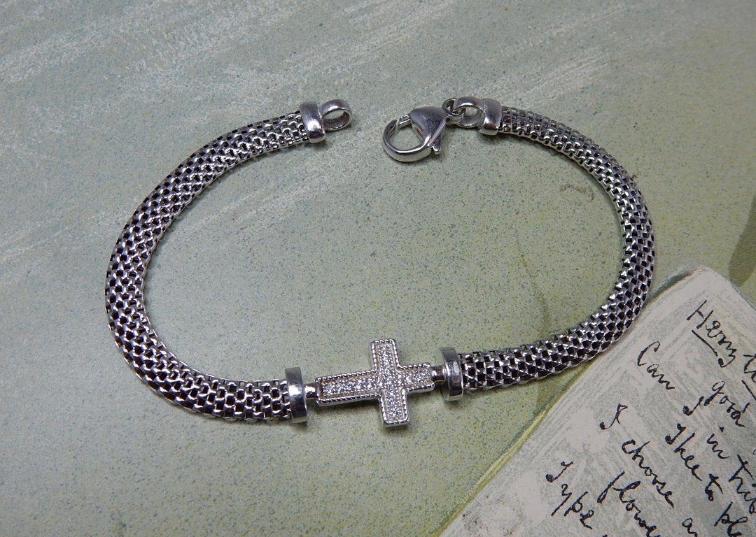 Sterling Silver ITALY Woven Mesh Bracelet W/ CZ Cross SCD52