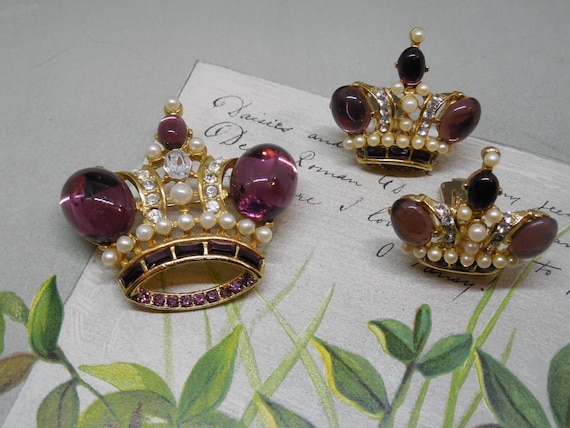Amethyst Cabochon Crown Brooch & Clip On Earring … - image 1