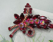 JULIANA Red Marquise Aurora Borealis Rhinestone Fern Frond Style Leaf Brooch TAT40