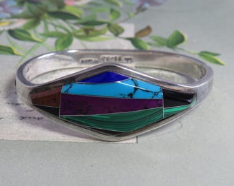 Sterling Silver & Gemstone Mosaic Hinged Bangle Bracelet     ZD33