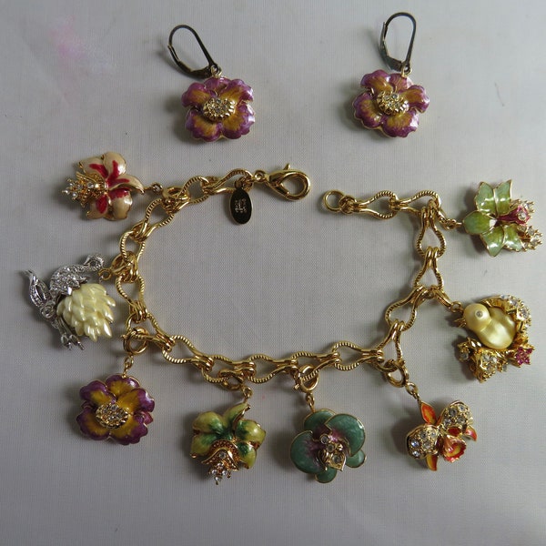 Nolan Miller Signed 8 Miniature Flower Charm Bracelet & Earrings Set.   WAB