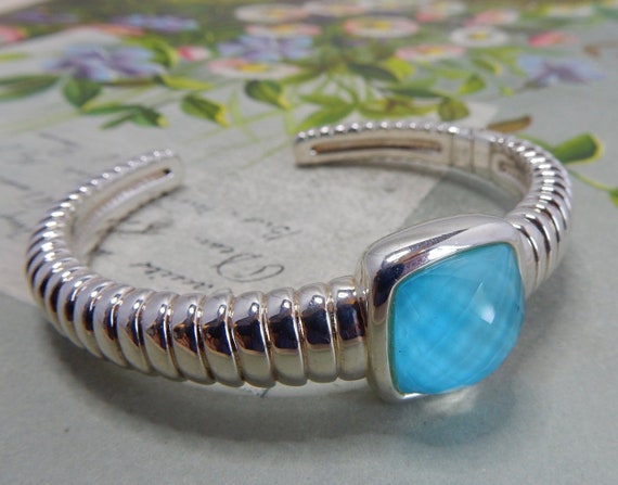 Ribbed Sterling Hinged Cuff Bracelet w/ Pale Blue… - image 4