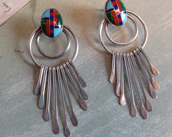 Sterling Silver Signed 925 & Gemstone Mosaic Pierced Earrings w/ Dangles    ZAK59
