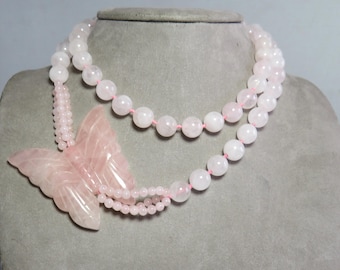 Pink Quartz Bead Necklace w/ Carved Butterfly    ZD31