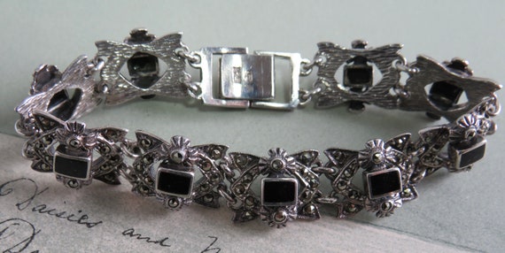 Ornate Signed Sterling Silver, Marcasite  & Black… - image 2
