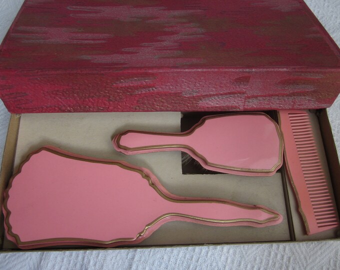 Vintage Pink Celluloid Childs Vanity Set Mirror Brush Comb in Etsy