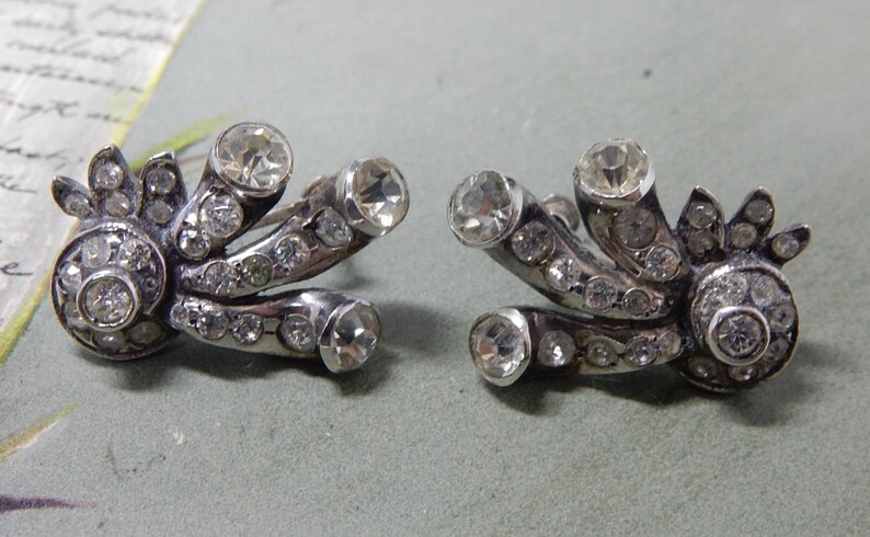 1940s Signed EISENBERG Sterling Silver and Rhinestone Screw Back Earrings OEL40