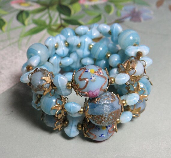 Miriam Haskell Style Blue Bead & Memory Wire Brac… - image 9