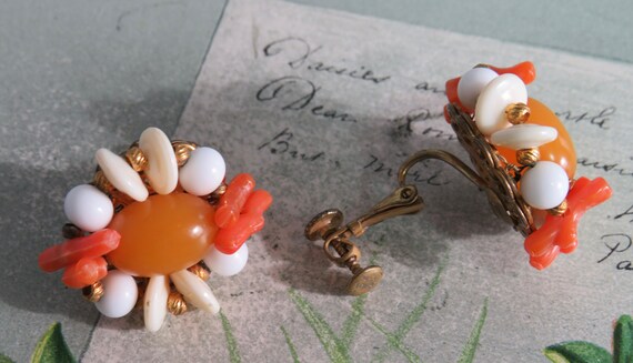 MIRIAM HASKELL Signed Gold & Coral Clip Earrings … - image 3