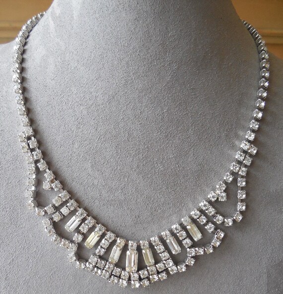 Vintage Bagette Rhinestone Bib Style Necklace & E… - image 2