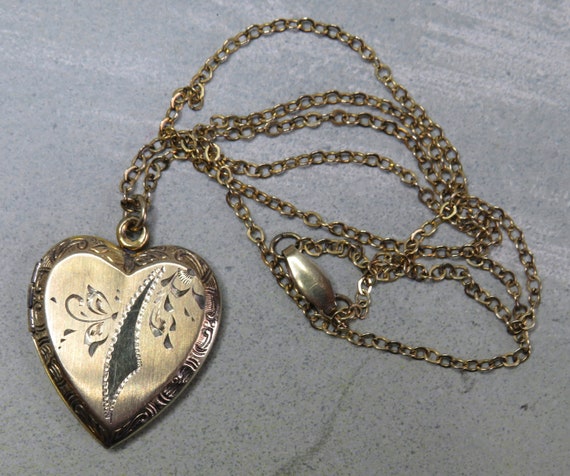 Gold Filled Etched Heart Locket or Charm on Chain… - image 1