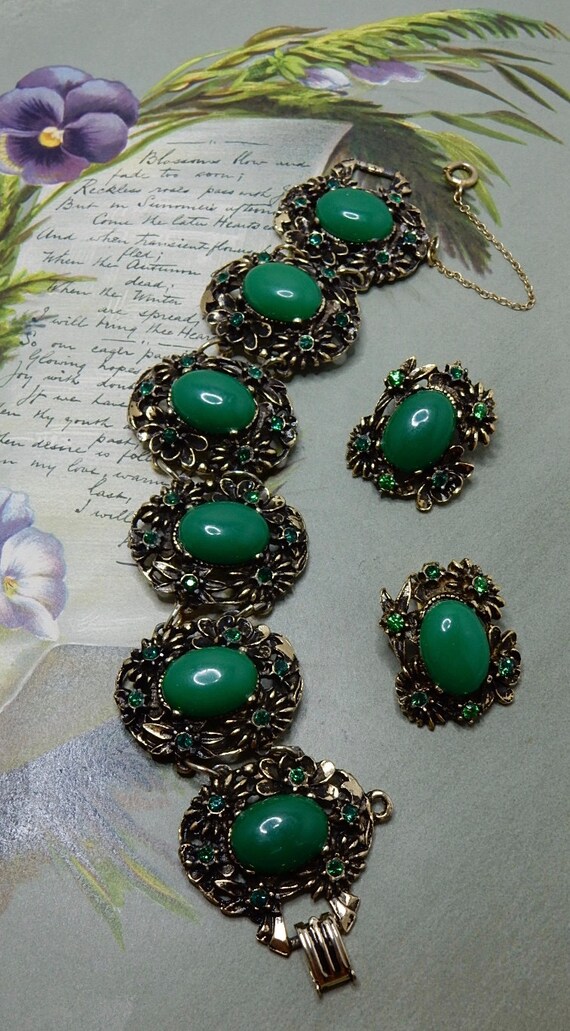 SELRO SELINI  Green Cabochon Bracelet & Earrings … - image 1