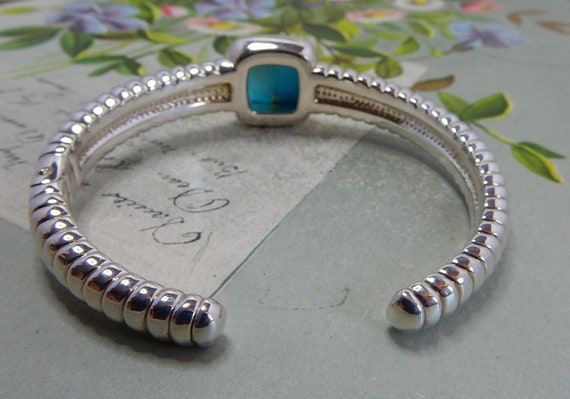 Ribbed Sterling Hinged Cuff Bracelet w/ Pale Blue… - image 3