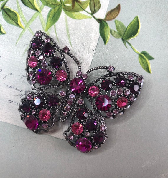 M S Signed Vintage Butterfly Brooch Hot Pink Rhinestone TCD10