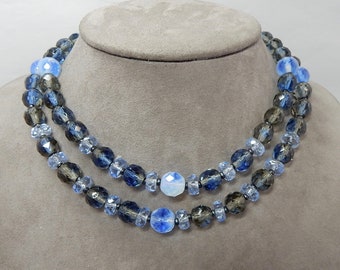 Vintage Blue Glass Bead West Germany 2 Strand Choker Necklace    PV23