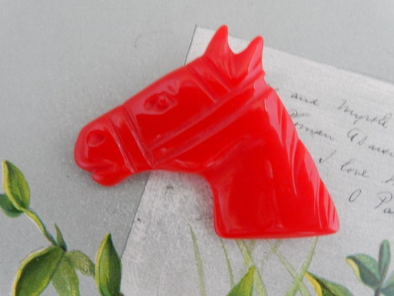 Vintage CLASSIC HARDWARE Carved Red Lucite Horse … - image 2