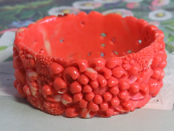 Wide Carved Celluloid Bangle Bracelet Chrysanthem… - image 3