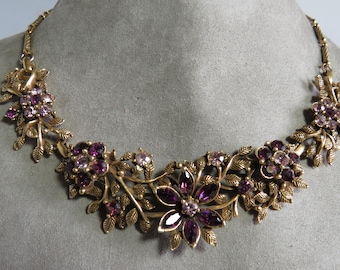 Early 1950s CORO Gold & Purple Rhinestone Flower Necklace by Adolf Katz   XAQ55