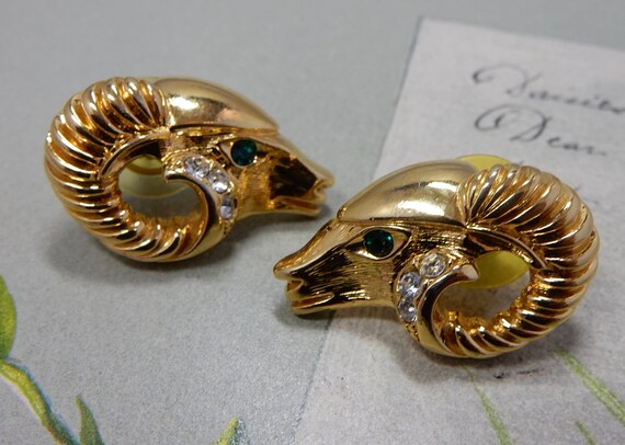 KJL for Avon Gold Ram's Head ARIES Pierced Earrin… - image 1