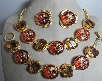 HENKEL & GROSSE for DIOR Incised Flower Cranberry Glass Parure.   UCH5