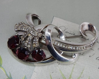 1940s Signed Sterling Silver Brooch & Earrings Set w/Amethyst Crystal Flowers    PDZ27